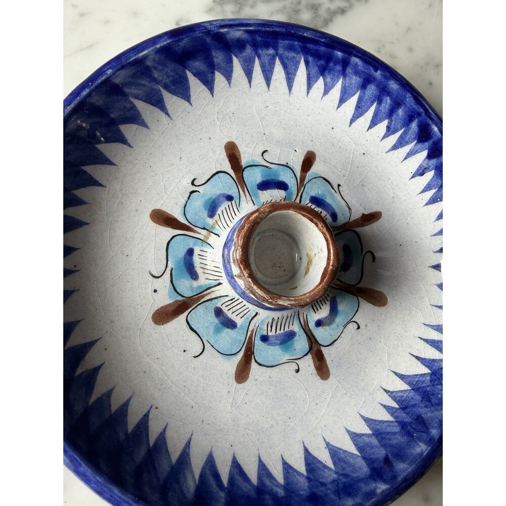 Handmade Ceramic Tonala Blue Brown White Glossy Floral Candle Holder Mexico 362 - Picture 3 of 6